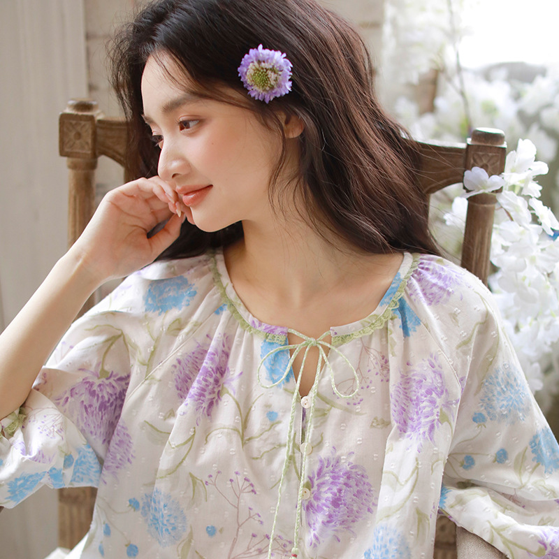棉紗日系元氣少女七分袖圓領睡裙