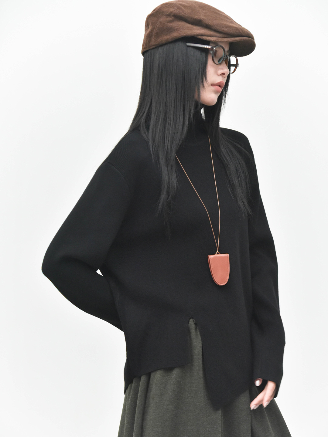 女士冬季開叉不規則高領毛衣