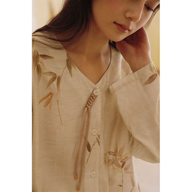 女款竹棉竹韻印花桃心領套頭長袖睡衣套裝