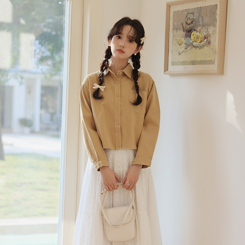 女士春季短款POLO領長袖襯衫
