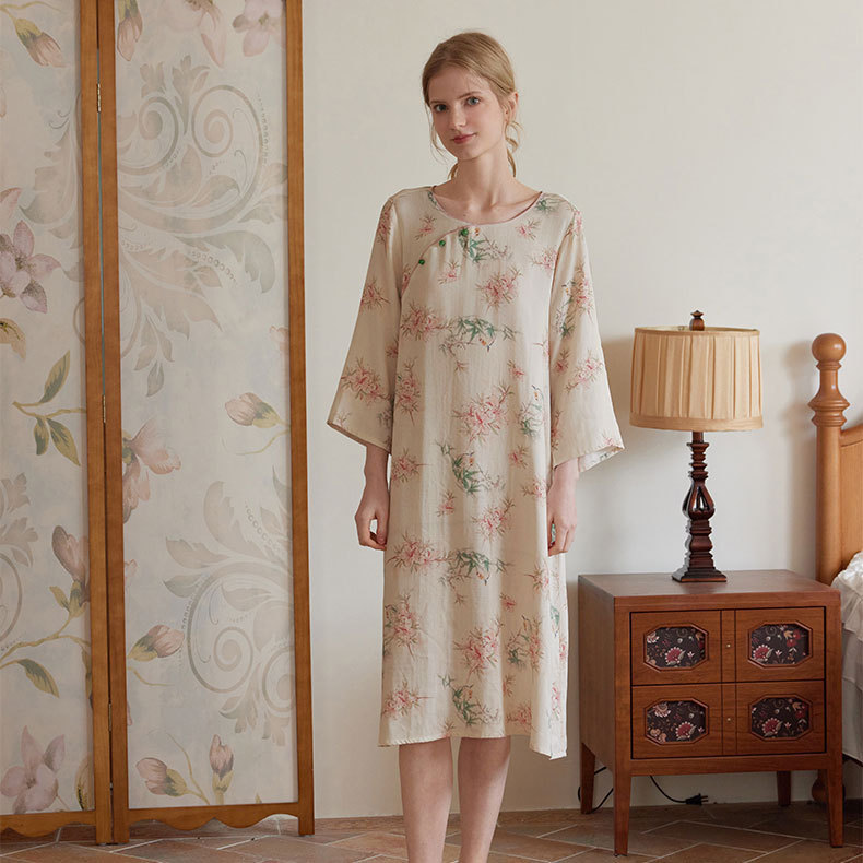 女竹棉國風斜襟桃竹印花長袖睡裙