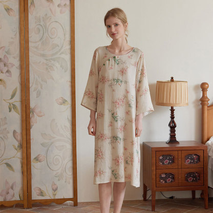 女竹棉國風斜襟桃竹印花長袖睡裙