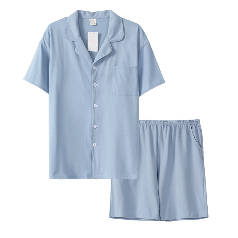 情侶款夏純棉短袖短褲開衫居家服