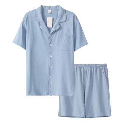 情侶款夏純棉短袖短褲開衫居家服