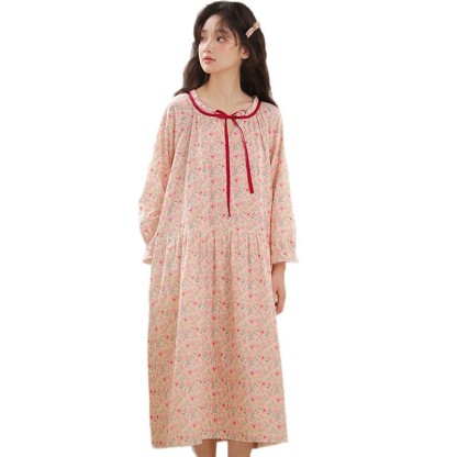 女春九分袖棉紗小碎花睡裙居家服