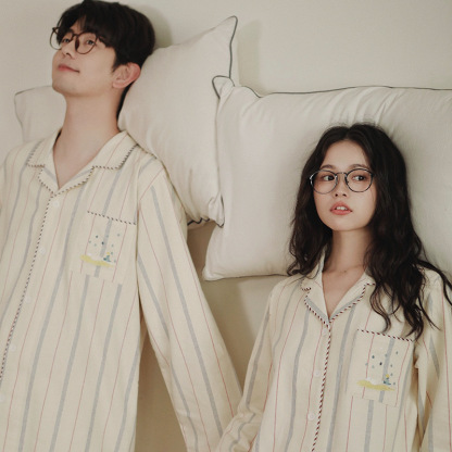 女士情侶款秋冬全棉磨毛光芒翻領長袖長褲居家服