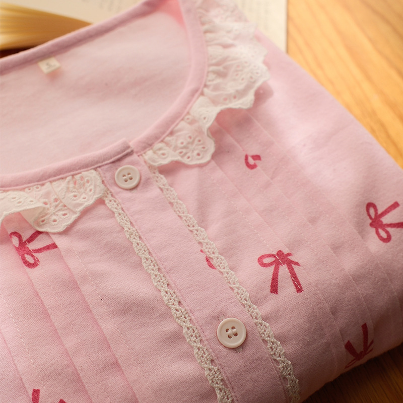 女士秋冬純棉磨毛蝴蝶結圓領花邊長袖長褲居家服