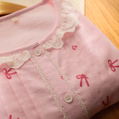 女士秋冬純棉磨毛蝴蝶結圓領花邊長袖長褲居家服