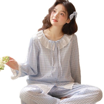 女款棉紗粉藍花邊長袖長褲睡衣套裝