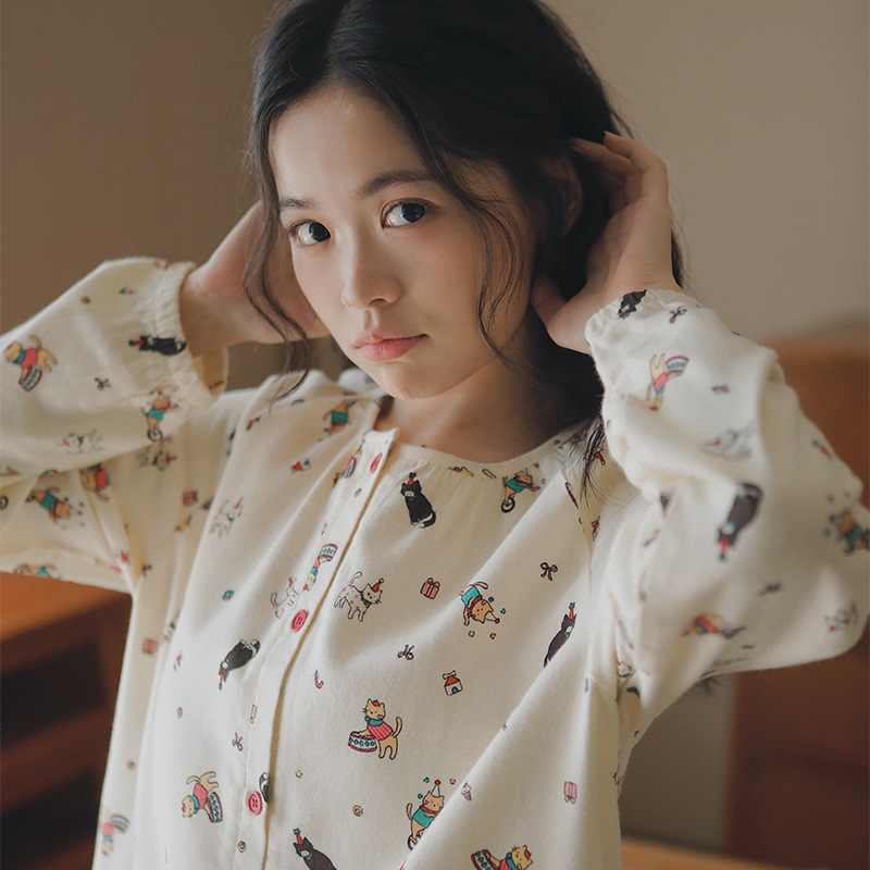 女士秋冬全棉磨毛絨布馬戲團圓領長袖長褲居家服