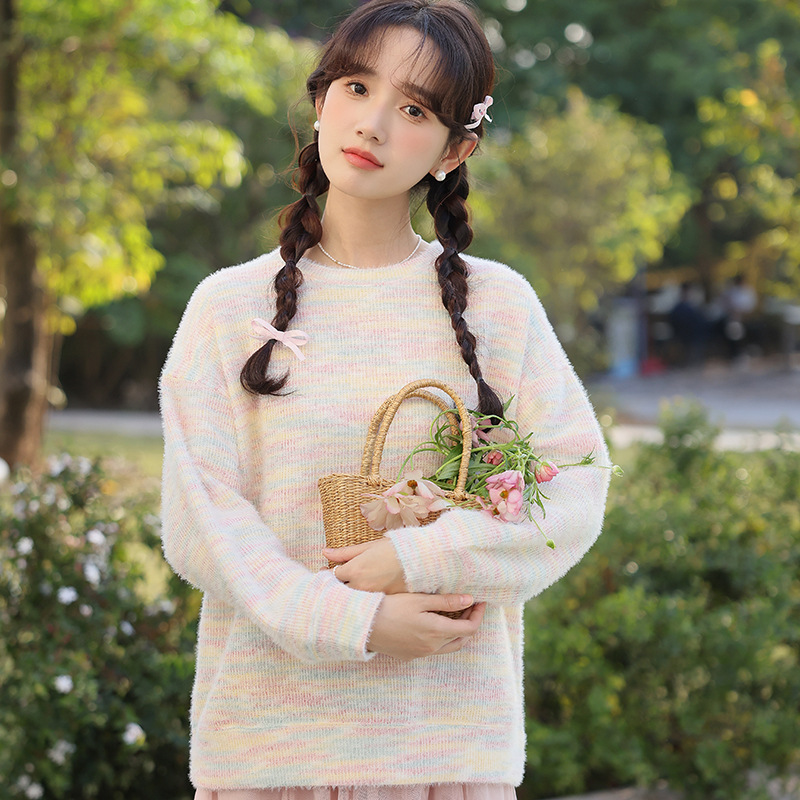 女春彩虹條紋針織上衣