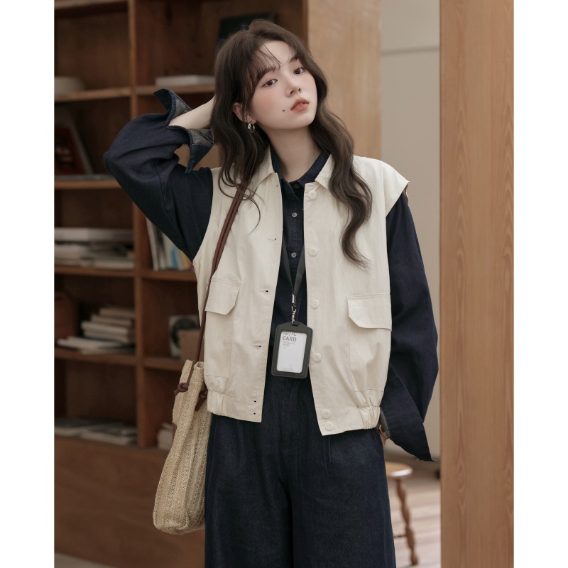 女士春秋大口袋工裝米白色馬甲+藏青色襯衫