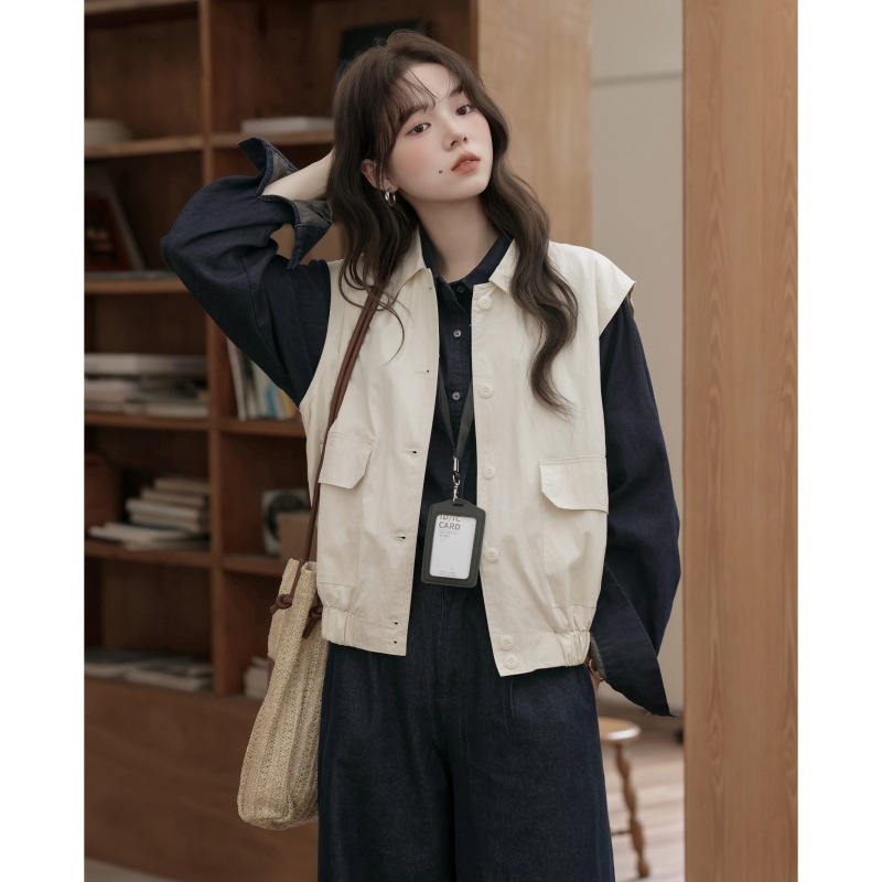 女士春秋大口袋工裝米白色馬甲+藏青色襯衫