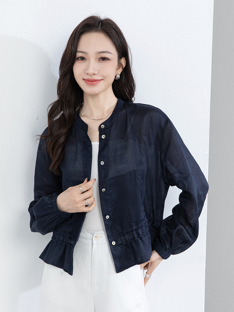 女夏苧麻荷葉邊小立領襯衫