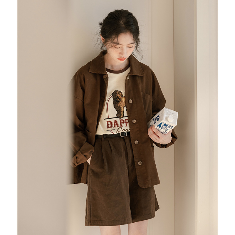 女士秋冬日系大口袋翻領工裝休閒外套