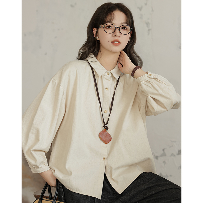 女士秋季日系小清新磨毛寬鬆長袖襯衫+紅白毛衣