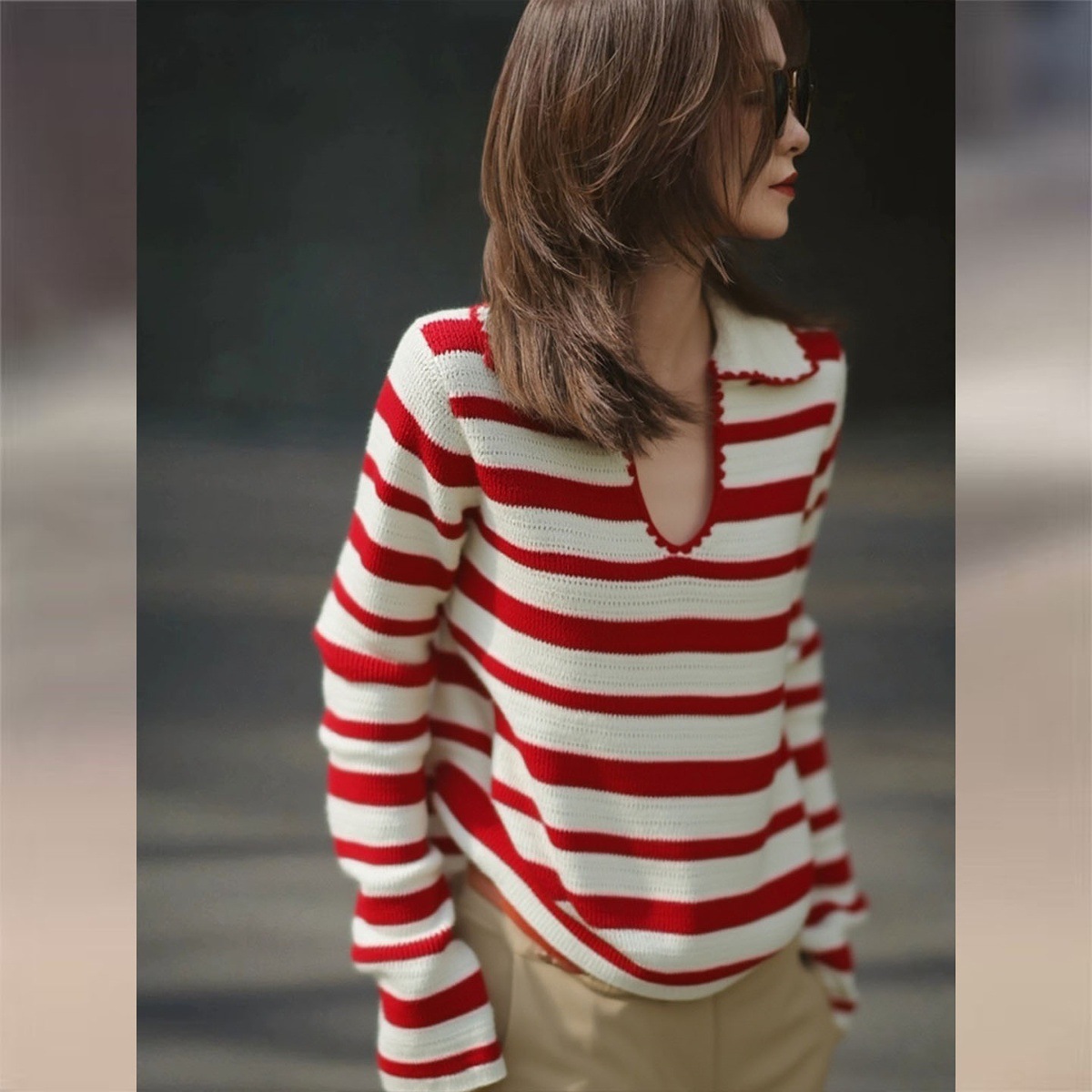 女士秋季紅色條紋U領針織衫