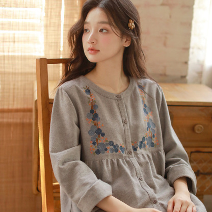 秋冬棉質磨毛刺繡長袖家居服