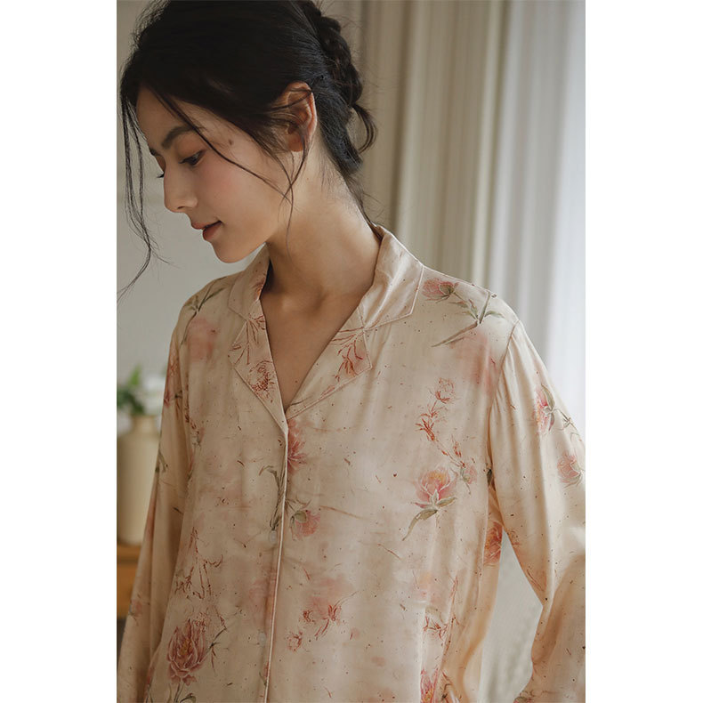 女士人棉貢緞愛麗絲玫瑰印花睡衣