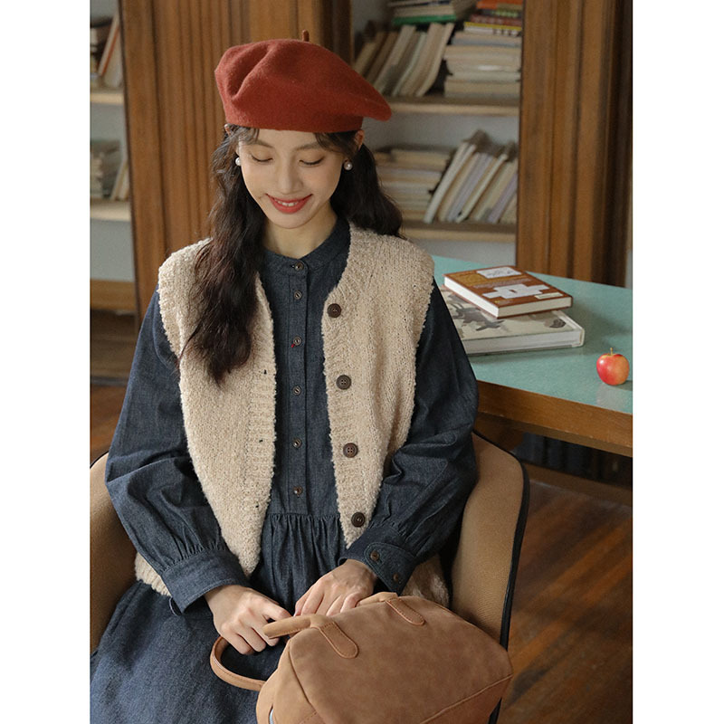 女士秋冬羊咩咩針織毛衣馬甲+長袖牛仔連衣裙