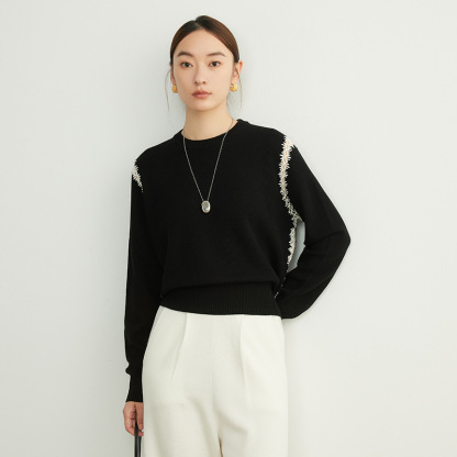 女士秋季赫本風勾花羊毛針織衫