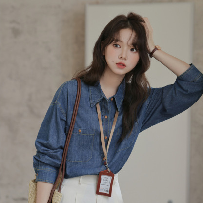 女士秋季日系V領單排扣針織馬甲+牛仔長袖襯衫