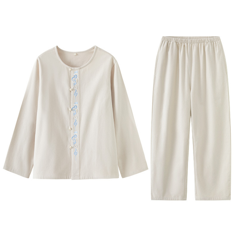 女士秋冬純棉磨毛祥雲刺繡長袖長褲居家服