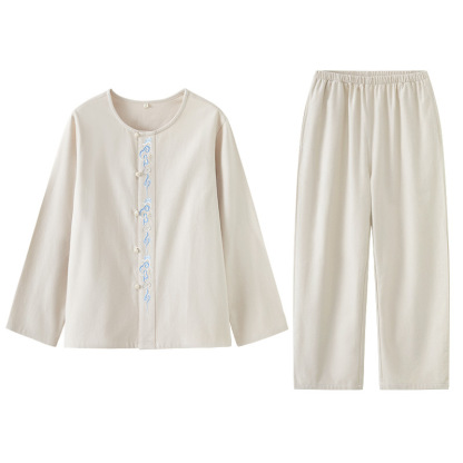 女士秋冬純棉磨毛祥雲刺繡長袖長褲居家服