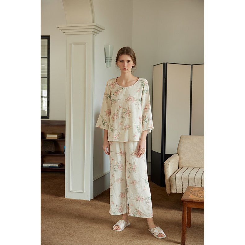 女士復古風竹纖維桃竹國風斜襟扣印花睡衣套裝