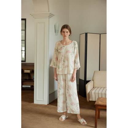 女士復古風竹纖維桃竹國風斜襟扣印花睡衣套裝