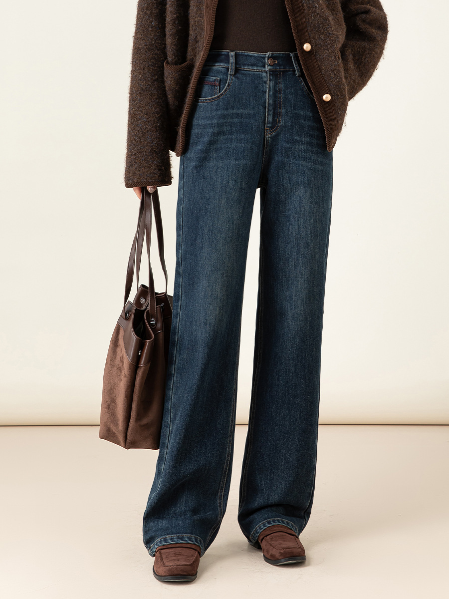 女士冬季加絨高腰直筒牛仔褲