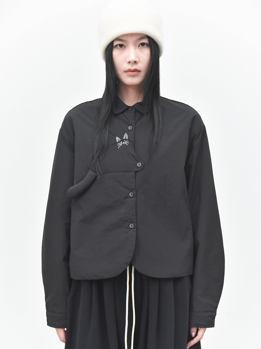 女士秋冬立體小貓尾巴充棉裝飾夾棉襯衫外套