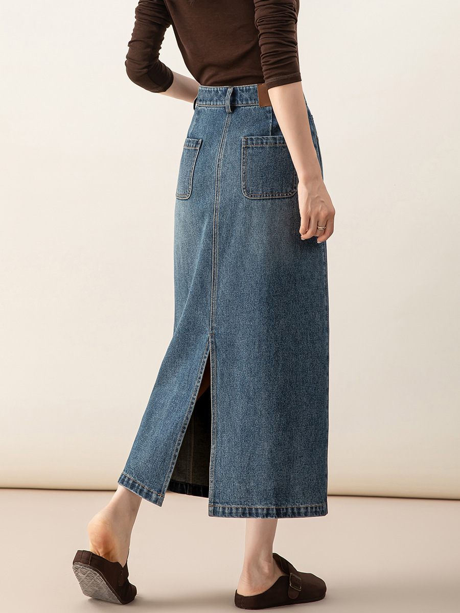 女士春秋季萊賽爾高開叉牛仔半身裙