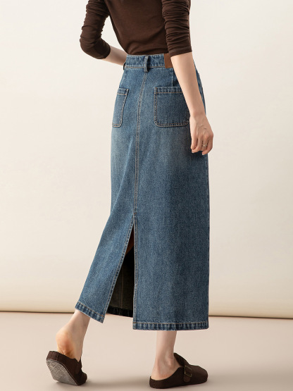 女士春秋季萊賽爾高開叉牛仔半身裙