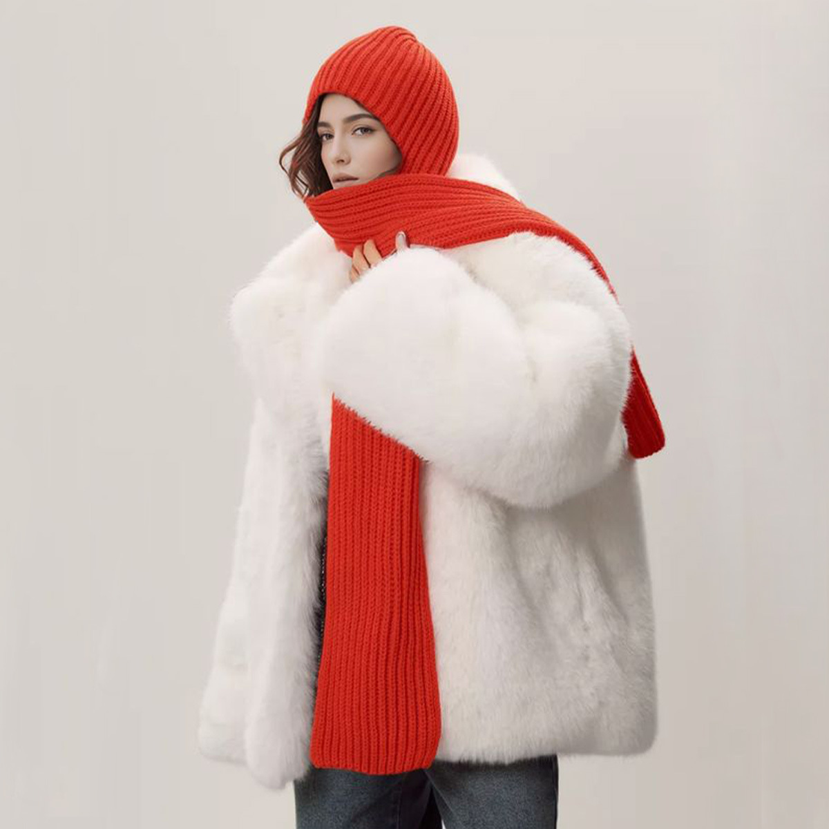 純色護頸一體連帽圍巾