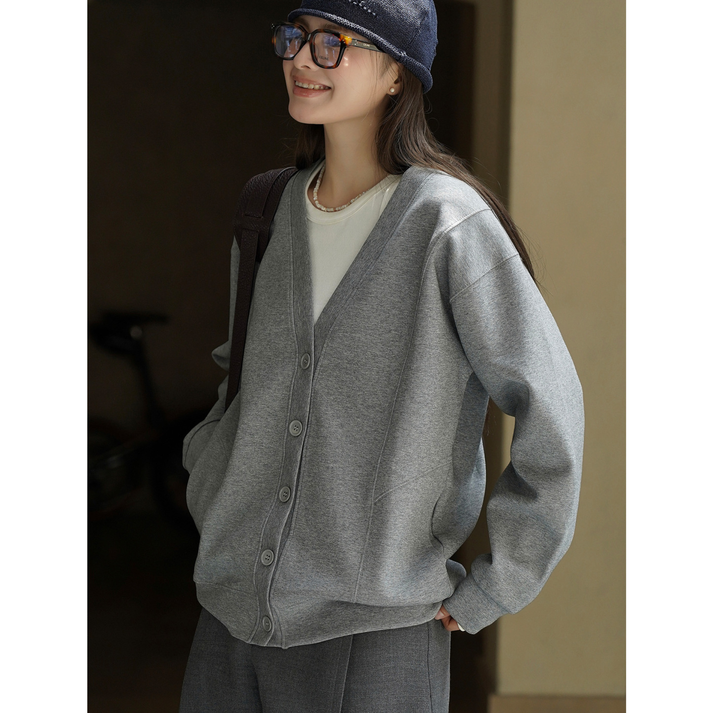 女士春秋韓系V領分割開衫衛衣