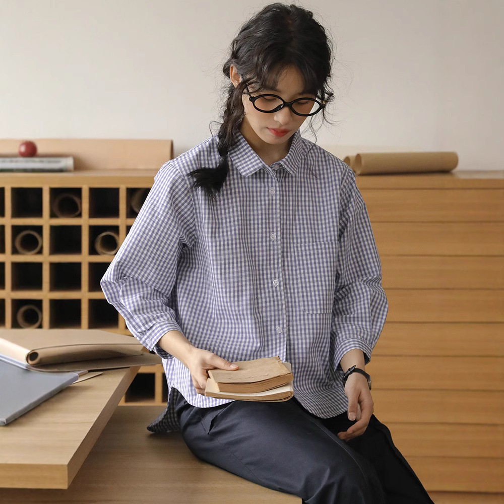 女士春秋翻領格子下擺圓弧長袖襯衫