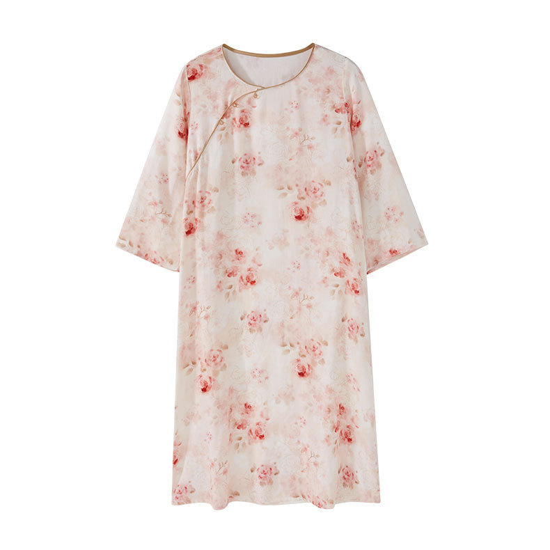 女竹棉國風斜襟桃竹印花長袖睡裙