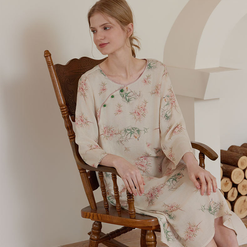 女竹棉國風斜襟桃竹印花長袖睡裙