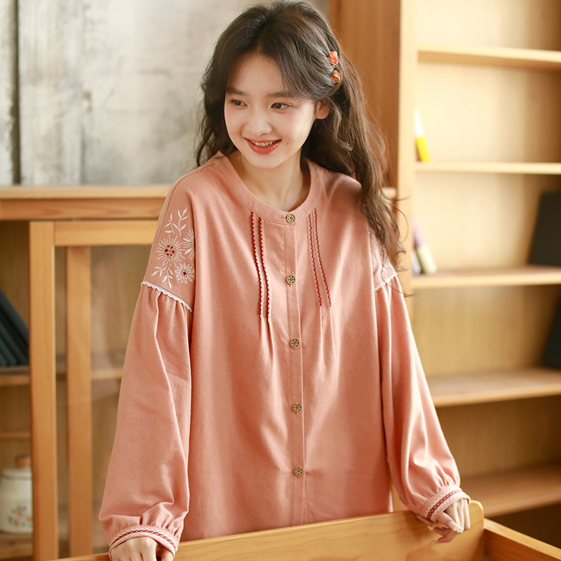 女春秋純棉磨毛復古花邊居家服