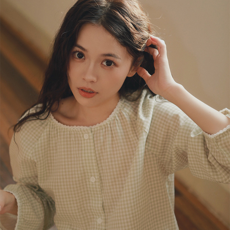 女春秋純棉紗布格子居家服