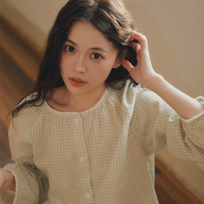 女春秋純棉紗布格子居家服