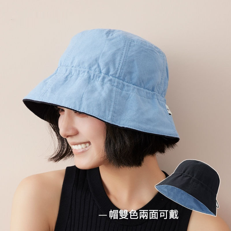 棉麻大頭圍抽繩雙面漁夫帽