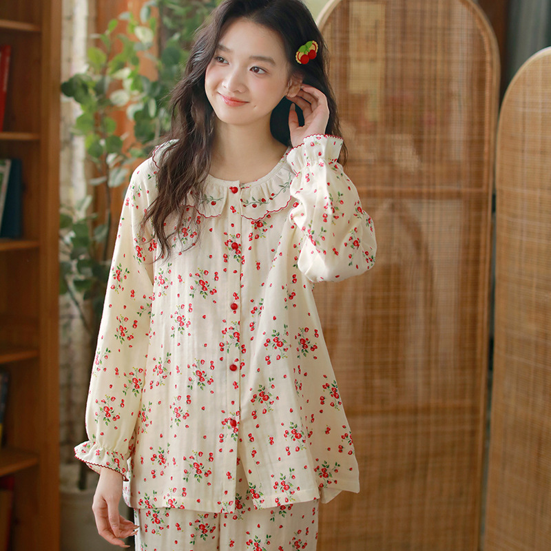 女士春秋薄款三層棉紗長袖長褲居家服