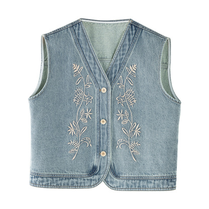 女夏季重工刺繡花朵牛仔馬甲