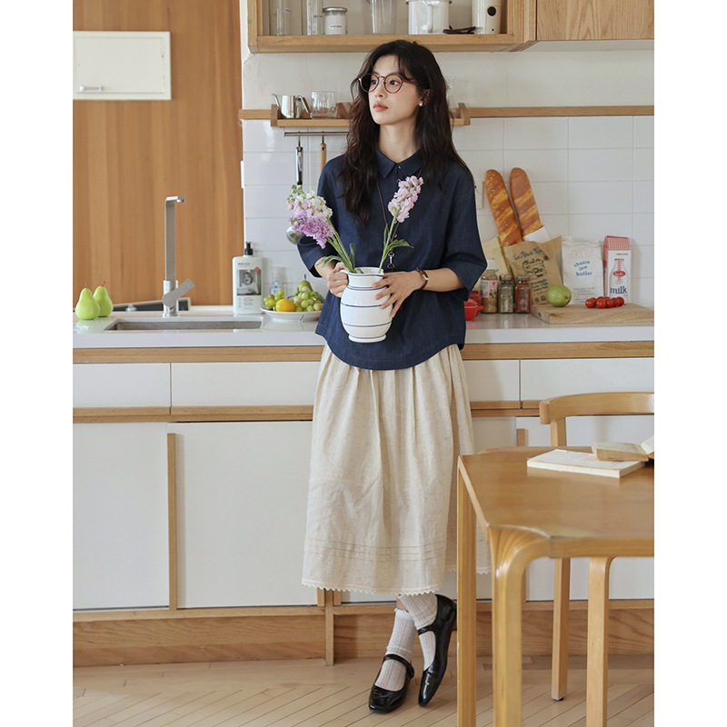 女夏打褶花邊棉麻A字半身裙
