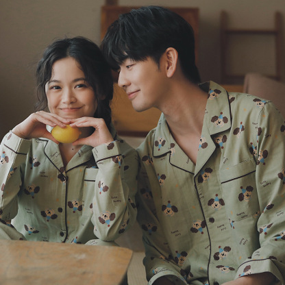 男款藍帽狗翻領長袖情侶睡衣