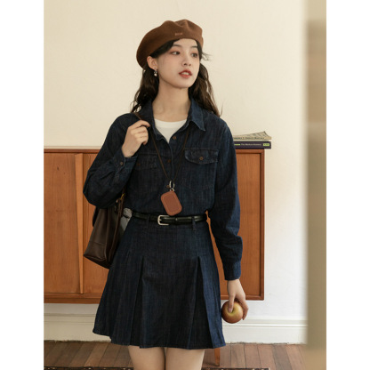 女士春韓系長袖Polo領牛仔襯衫