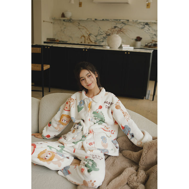 女秋冬加厚羊羔絨粉底白兔印花睡衣