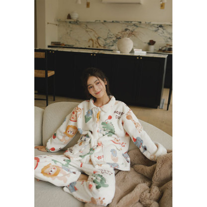 女秋冬加厚羊羔絨粉底白兔印花睡衣